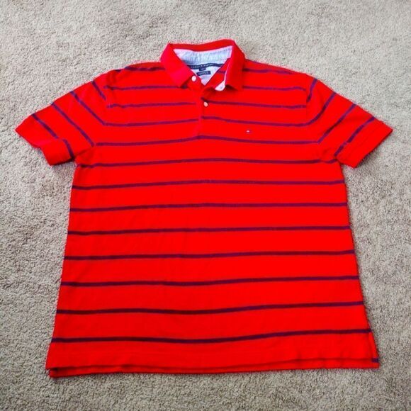 Tommy Hilfiger Men's Classic Fit Red Striped SS Shirt Size Large PREOWNED - Picture 1 of 4